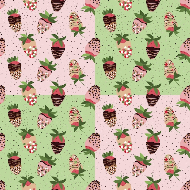 Seamless repeat pattern with strawberry in chocolate glaze sprinkle on green pink background