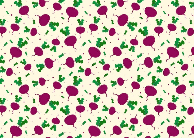 Seamless repeating beetroot pattern with leaves and small circles on a light background.