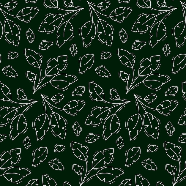 Вектор Бесшовный повторяющийся рисунок куста из четырех широко вырезанных тропических листьев контур белых объектов на темно-зеленом