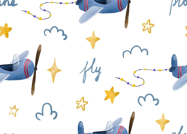 Vector seamless repeating children simple pattern with aircraft and clouds in scandinavian style background