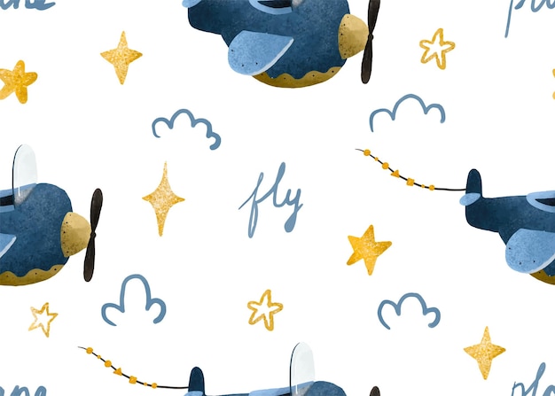 seamless repeating children simple pattern with aircraft and clouds in Scandinavian style background