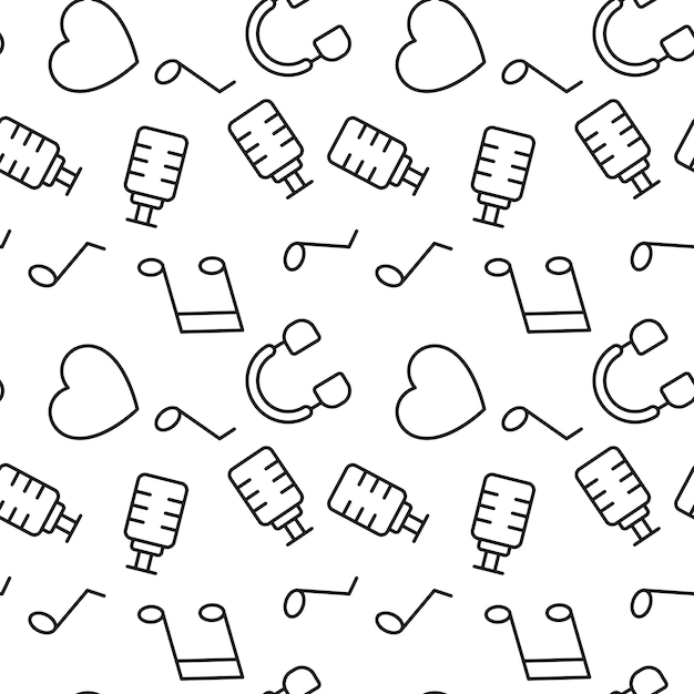 Seamless repeating monochrome pattern of microphone heart headphones musical notes