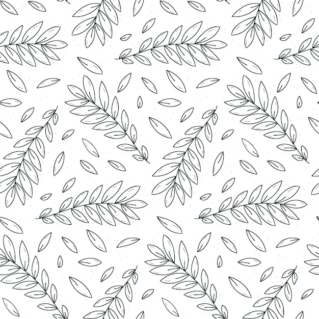 Vector seamless repeating pattern from a branch with many narrow leaves contour dark green objects on a white