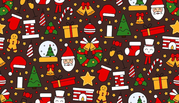 Seamless repeating pattern with Christmas and Happy New Year symbols. In vintage traditional style for postcard, fabric, banner, template for congratulations, wrapping paper. Vector flat illustration.