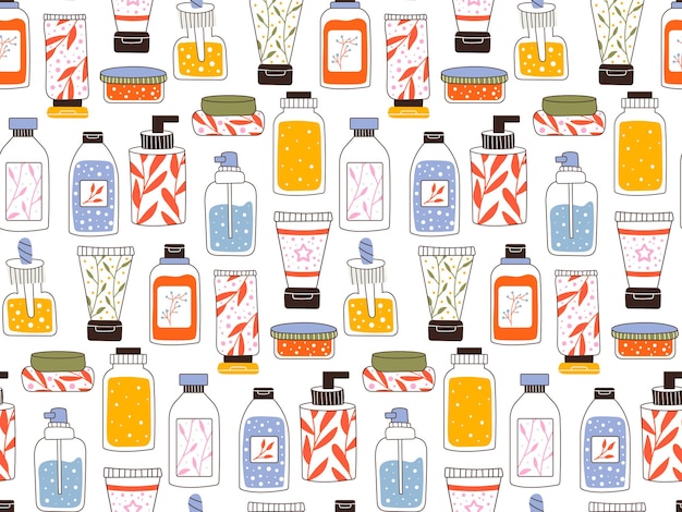 Seamless repeating pattern with cosmetics. A set of bottles and tubes, jars for skin care with face, hair and body cream. Fashion style for a postcard, banner, template for wrapping paper. Vector.