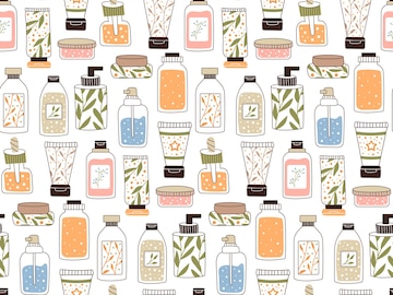 Premium Vector  Seamless repeating pattern with cosmetics a set of bottles  and tubes jars for skin care with face hair and body cream fashion style  for a postcard banner template for