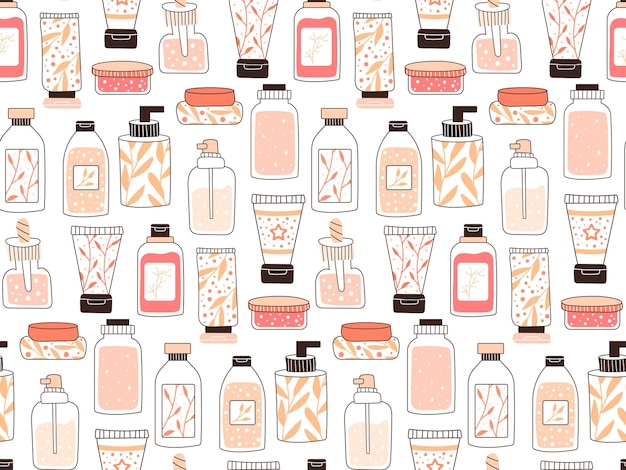 Premium Vector  Seamless repeating pattern with cosmetics a set of bottles  and tubes jars for skin care with face hair and body cream fashion style  for a postcard banner template for