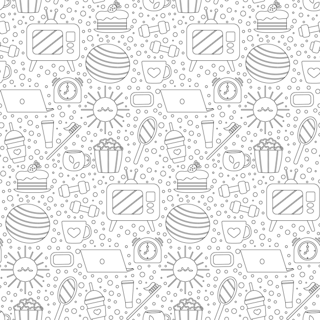 Seamless repeating pattern with cozy household items. Morning and evening routine. Vector illustration.
