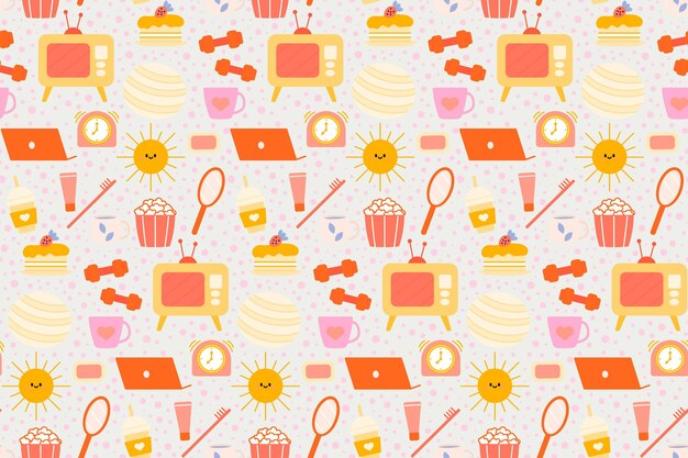 seamless repeating pattern with cozy household items morning and evening routine vector illustration
