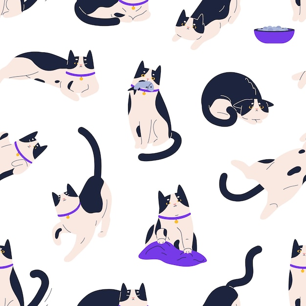 Seamless repeating pattern with cute funny cats on white background. endless repeatable texture with adorable sweet kittens relaxing and playing. colored flat vector illustration for printing.