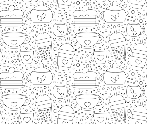 Seamless repeating pattern with drinks and desserts for cafe menu Print for a shop with tea and coffee and a hot drink Vector illustration