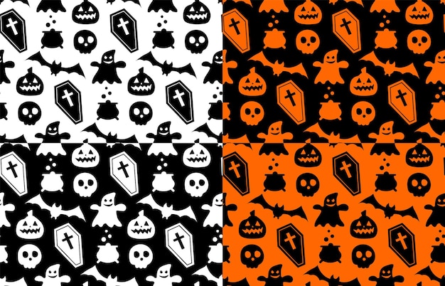 Vector seamless repeating pattern with halloween symbols. design of silhouettes for the holiday halloween. for postcard, fabric, banner, template, wrapping paper. vector flat illustration.