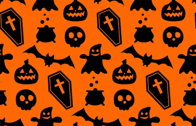 Бесшовные повторяющийся узор с символами Хэллоуина. Дизайн силуэтов к празднику Хеллоуин. для открытки, ткани, баннера, шаблона, оберточной бумаги. Векторная иллюстрация плоский.