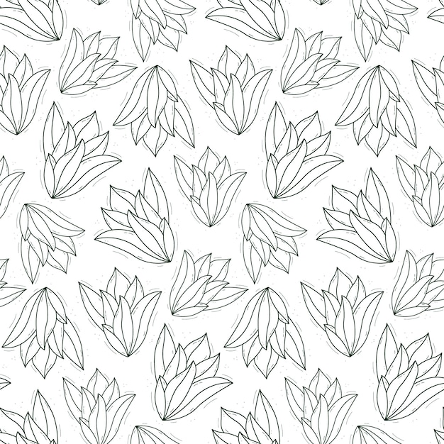 Seamless repeating plant pattern with thick succulent leaves growing from the center Contour dark green objects on a white