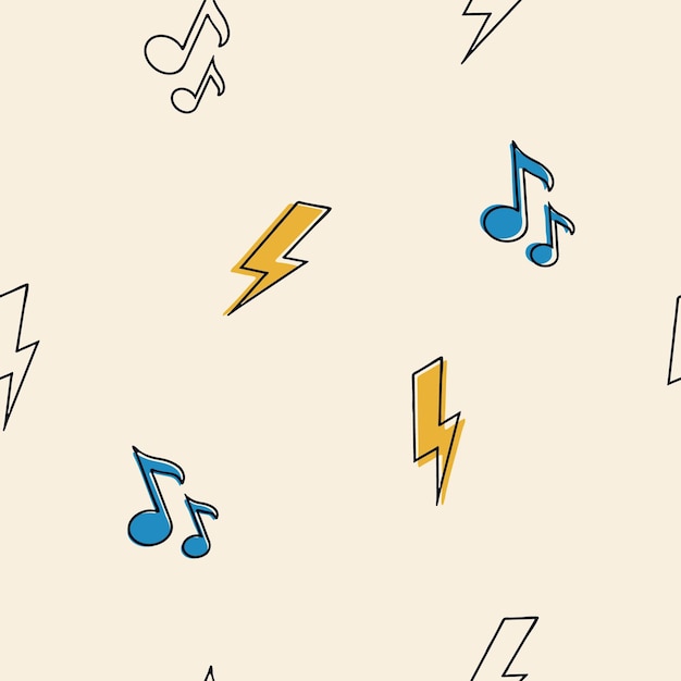 Seamless retro groovy pattern Groovy power Cartoon naive vector design with music notes and lightning Style of the 60s 70s 80s