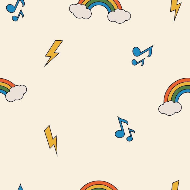 Seamless retro groovy pattern Groovy power Cartoon naive vector design with notes rainbows clouds and lightning Style of the 60s 70s 80s