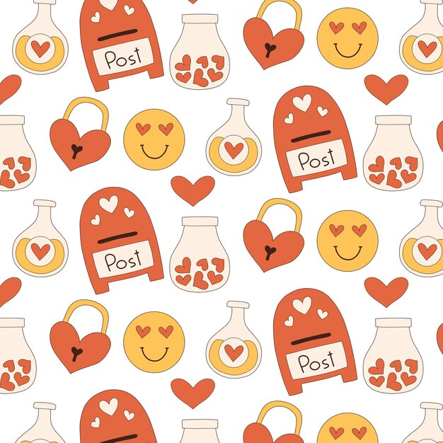 Seamless retro pattern for valentines day Groovy pattern in retro 70s Vector illustration