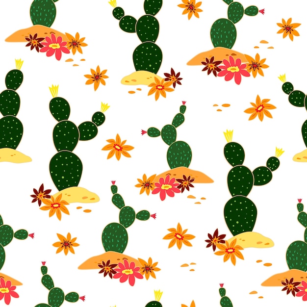 Seamless retro pattern with desert cacti and flowers on transparent background