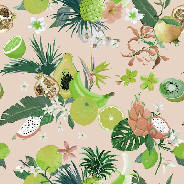Seamless retro pattern with tropical fruits and flowers. Banana, Orange, Lemon, Pineapple, Dragon fruit background for textile, fashion texture, wallpaper in vector
