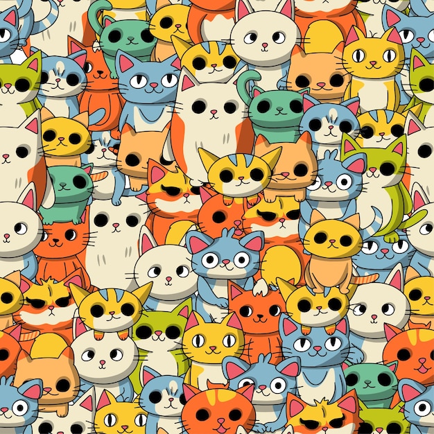 Seamless rich colors hand drawn cartoon cat pattern