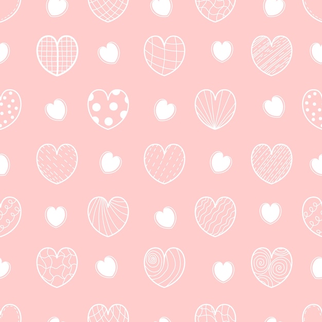 Seamless romantic pattern Hearts on soft pink background in linear hand drawn doodle style