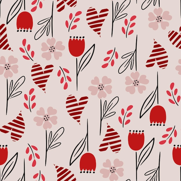 손으로 그린 빨간 하트와 함께 완벽 한 로맨틱 패턴 다채로운 낙서 마음 디자인 엽서 인쇄 포스터 파티 발렌타인 데이 빈티지 섬유에 대 한 준비 템플릿