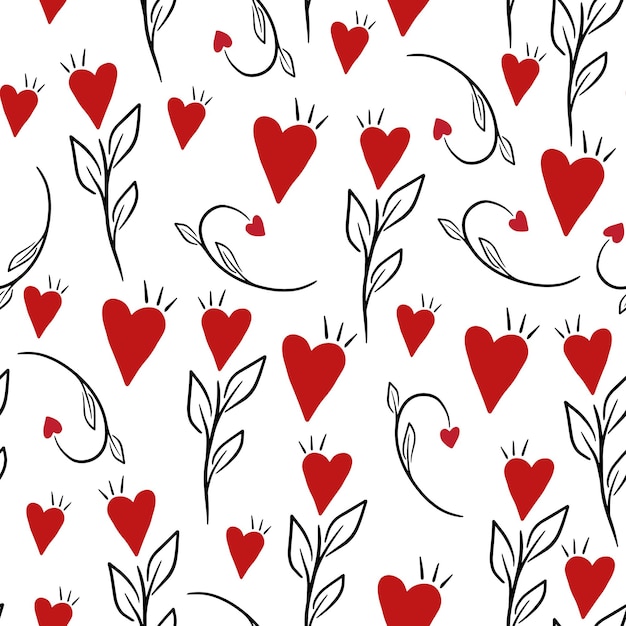 Seamless romantic pattern with hand drawn red hearts colorful doodle hearts ready template for design postcards print poster party valentine's day vintage textile