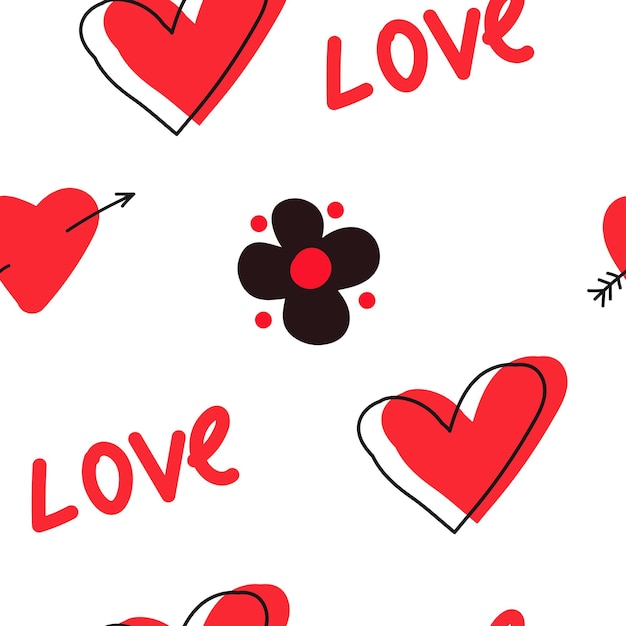 Seamless romantic pattern with hand drawn red hearts Colorful doodle hearts on red background Read