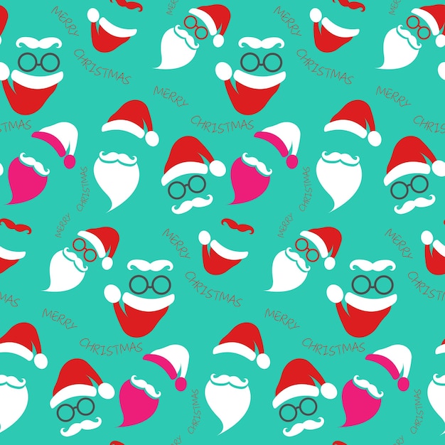 Seamless Santa Claus pattern fashion hipster style set icons. Santa hats, moustache and beards