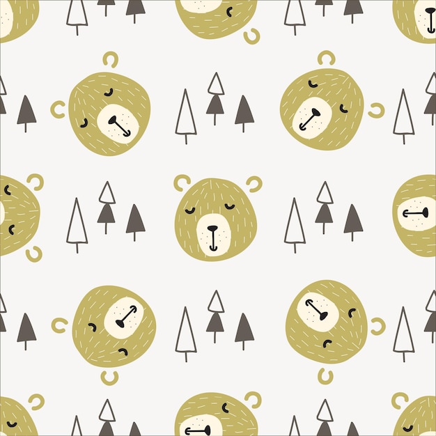 Vector seamless scandinavian pattern illustration of bear faces and pine forest