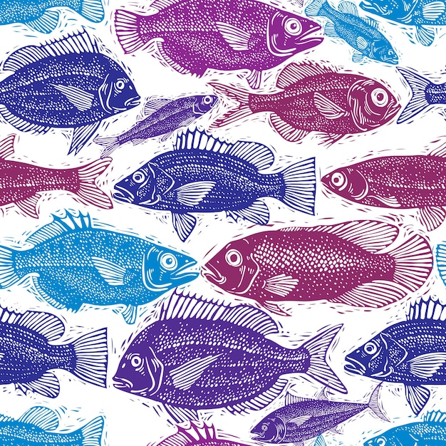 シームレスな海のパターン、さまざまな魚のシルエット。ベクトル手描きの動物相の壁紙、アクア自然連続背景。