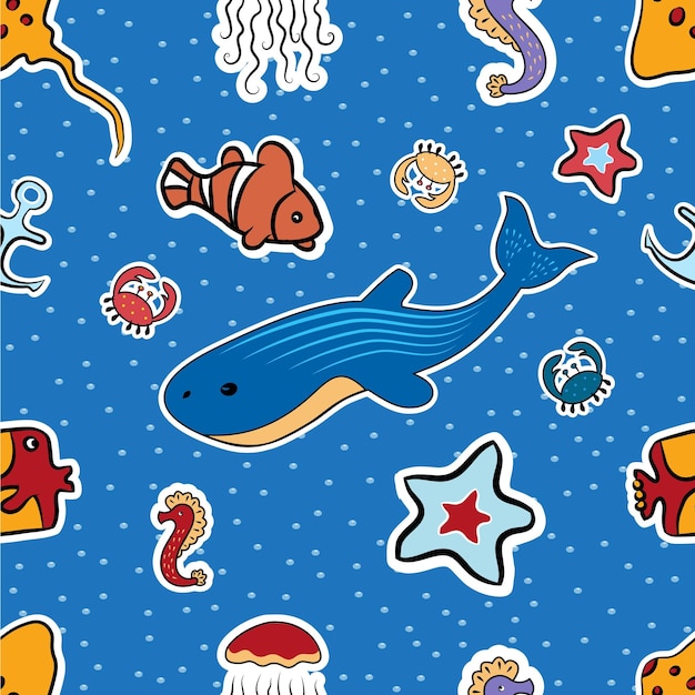 Бесшовный морской рисунок Раковина, морская звезда, коньки, осьминоги и другие глубоководные морские животные