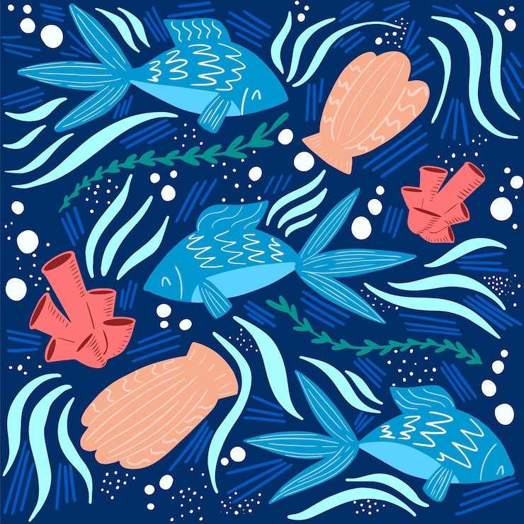 Vector seamless sea pattern with fish corals and shells in cartoon style