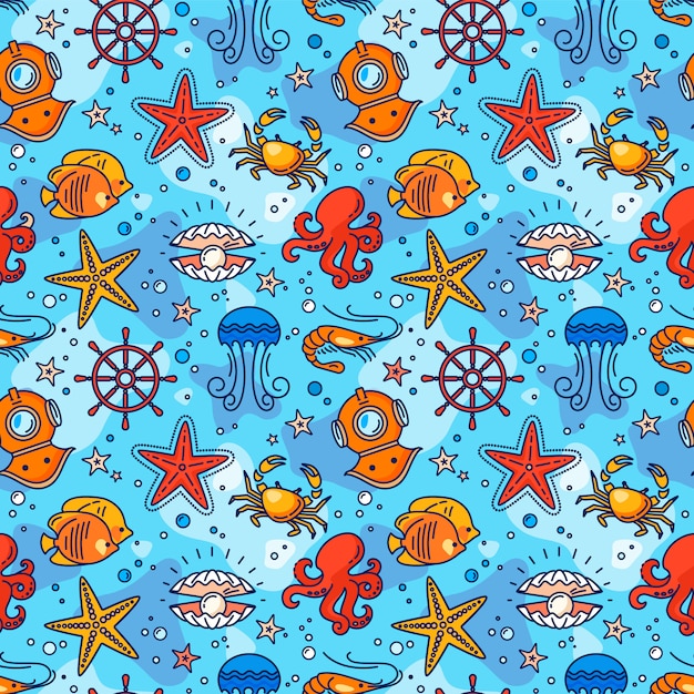 Seamless sea pattern with steering wheel, crab, pearl, starfish, shrimp, aqualung, jellyfish, and fish.