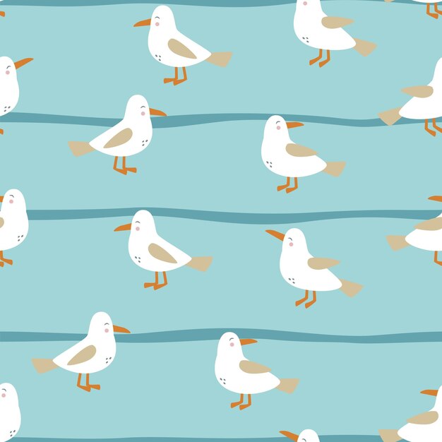 Seamless seagulls pattern creative nautical blue background with stripped