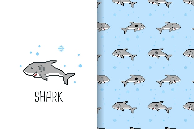 бесшовный рисунок акулы в стиле пиксельной графики