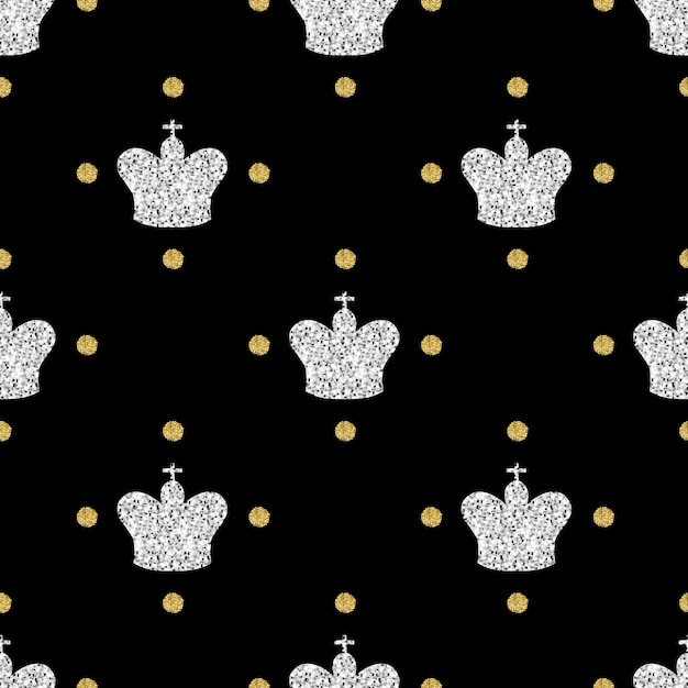 Vector seamless silver glitter crown with gold dot glitter pattern on black background