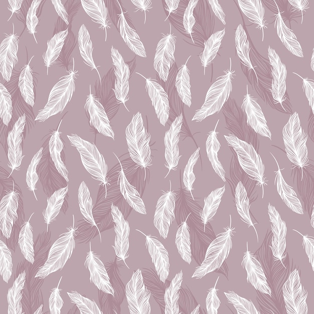 Vector seamless sketch boho style texture with elegant pink and lilac feathers on white background