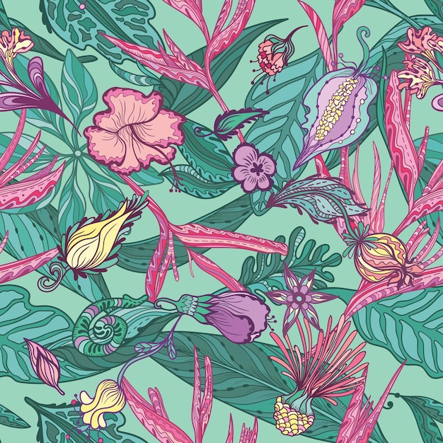 Seamless sketch style tropical paradise turquoise and pink texture for textile and print design