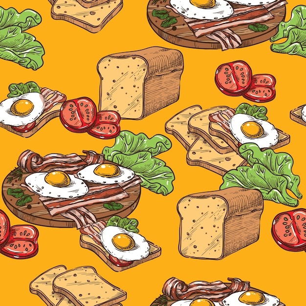 Seamless sketch toast with egg and bacon