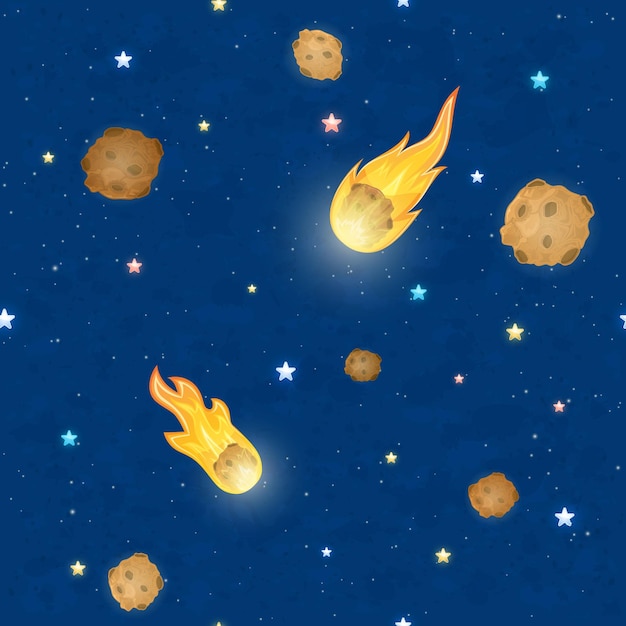 Seamless sky pattern stars falling meteorites and comets with fire on blue space background illustration