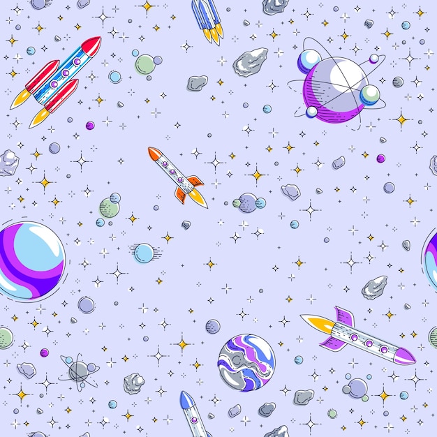 Seamless space background with rockets, planets and stars, undiscovered deep cosmos fantastic and breathtaking textile fabric for children, endless tiling pattern, vector illustration cartoon motif.
