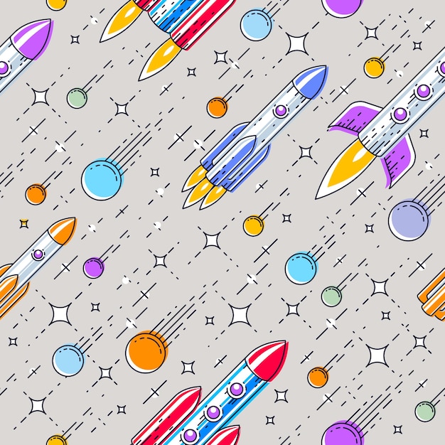 Seamless space background with rockets, stars and comets, cosmos fantastic and breathtaking textile fabric for children, endless tiling pattern, vector illustration cartoon motif.