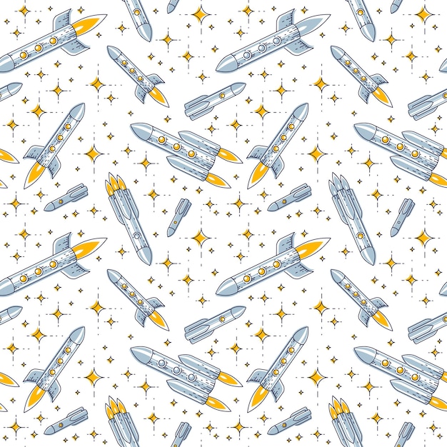 Seamless space background with rockets and stars, cosmos fantastic and breathtaking textile fabric for children, endless tiling pattern, vector illustration cartoon motif.