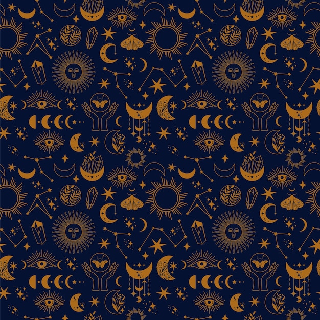 Vector seamless space pattern on a blue background boho illustration with moon sun dragonflies stars wallpa