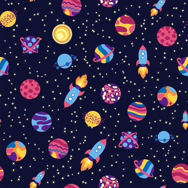 Seamless space pattern Planets rockets and stars Cartoon spaceship Childish background Hand drawn