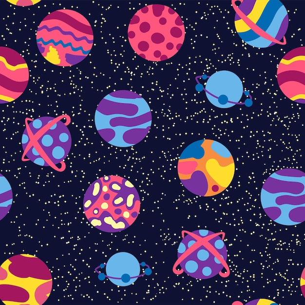 Seamless space pattern Planets rockets and stars Cartoon spaceship Childish background Hand drawn