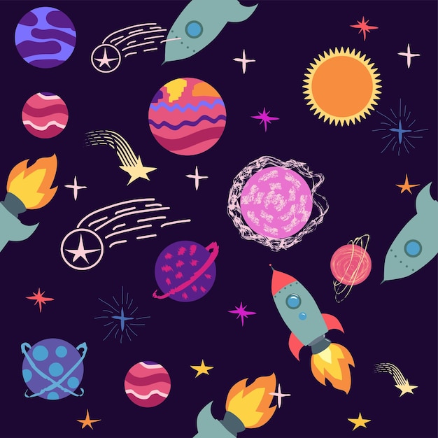 Seamless space pattern Planets rockets and stars Cartoon spaceship icons Kid's elements for scrapbooking