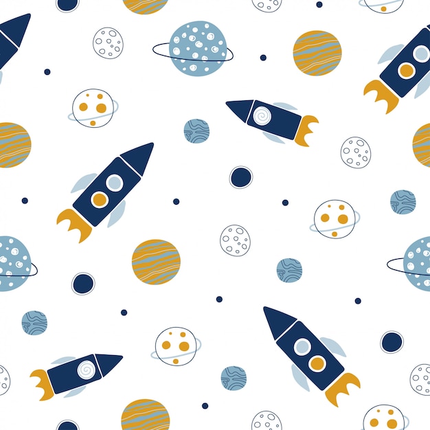 Seamless space pattern. rockets and planets.