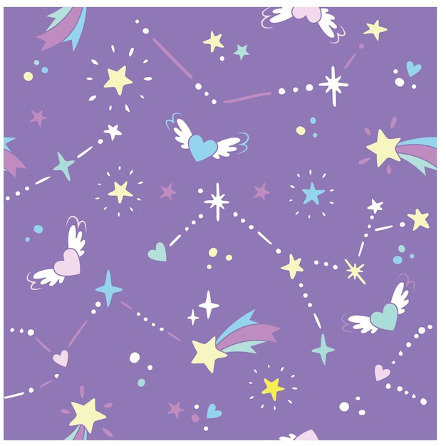 Seamless space pattern with heart constellations comets and stars